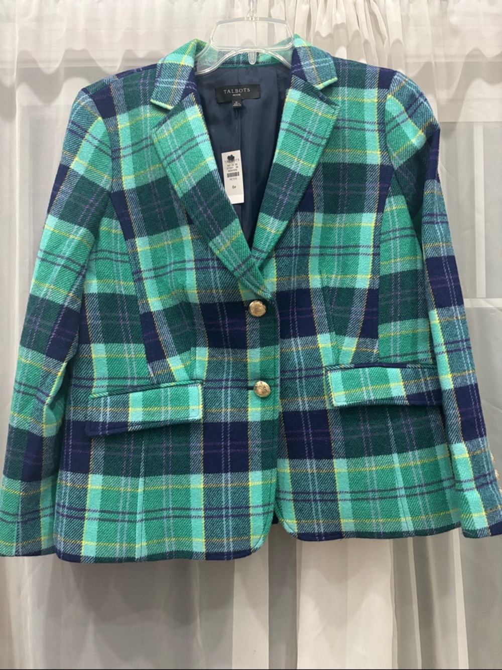 Talbots Teal and Navy Plaid Wool-Blend Blazer